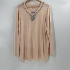 Hot in Hollywood cashmere blend soft pink tunic sweater faux rhinestone detail